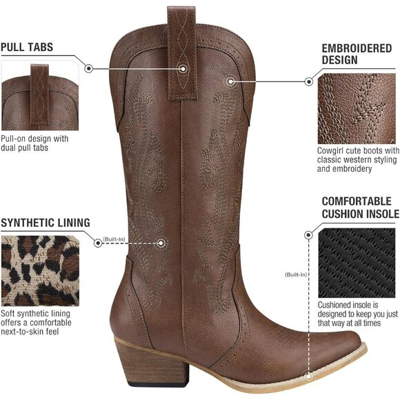 Women Bronze Synthetic Embroidered Pointy Toe Comfortable Chunky Heel Boot - Picture 2 of 6